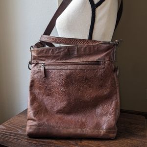 Jack Georges Tooled Floral Brown Leather City Voyager Crossbody Bag Purse